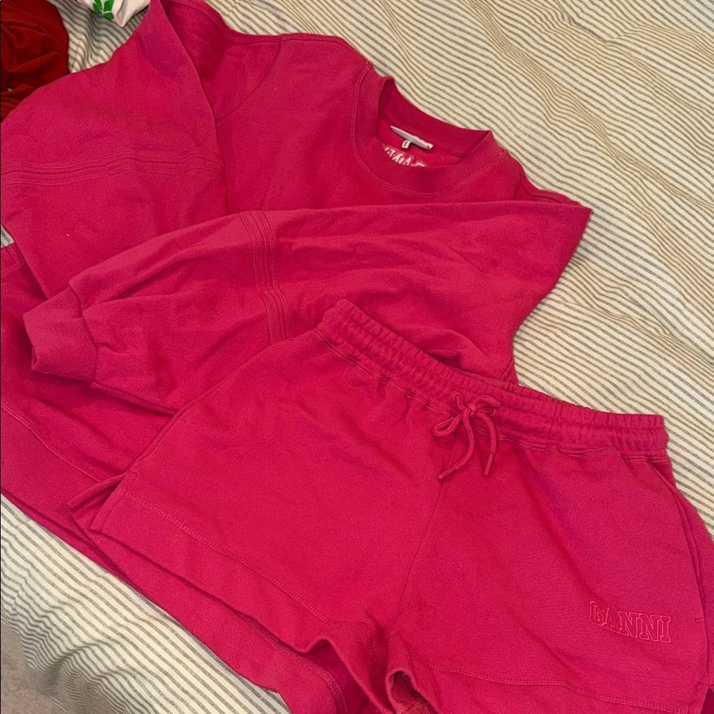 Ganni Hot Pink Sweatshirt & Drawstring Shorts Set